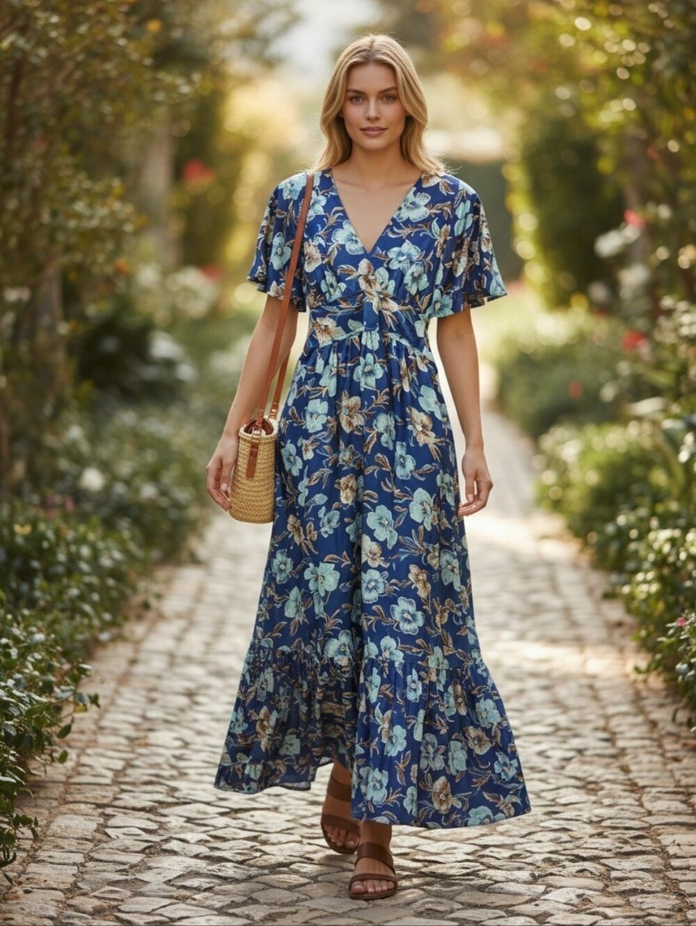 Vintage Bright Silky Floral Maxi Dress Size S Flutter Sleeve Blue Tie Back Women